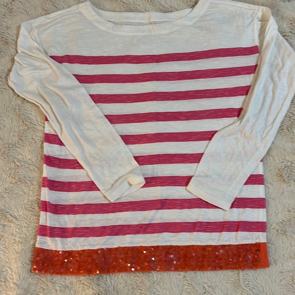 New Without Tag Ann Taylor Loft Pink White Striped long Sleeve Boat Neck Top S